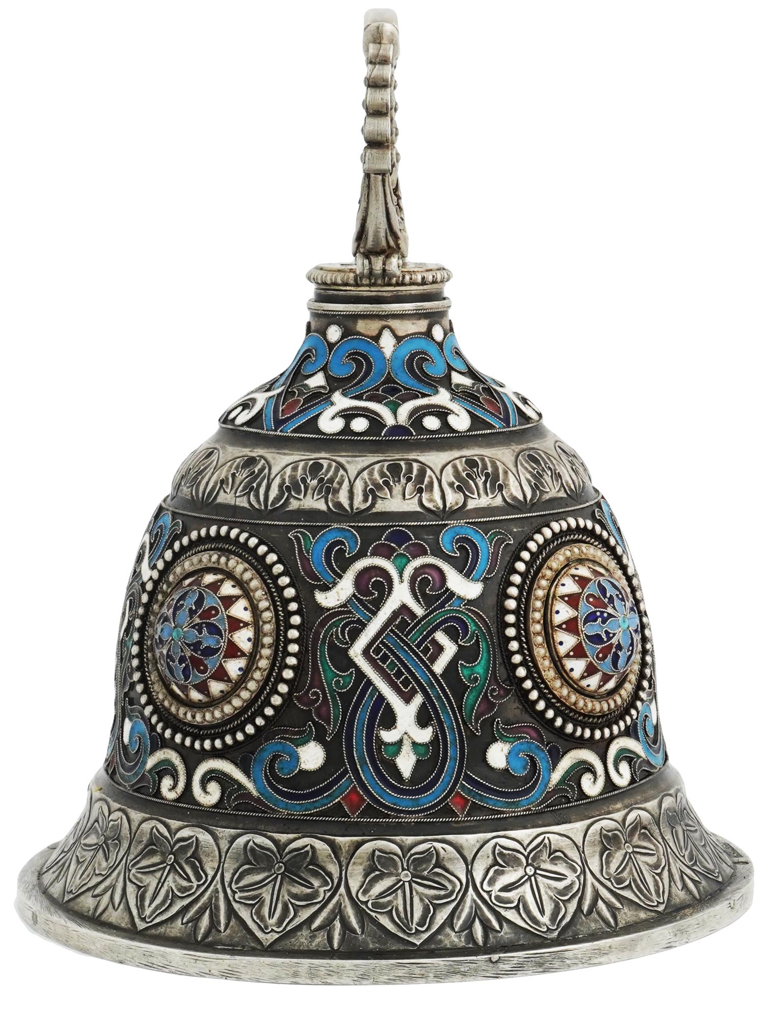 EXTRA LARGE RUSSIAN 84 SILVER ENAMEL DINNER BELL PIC-1